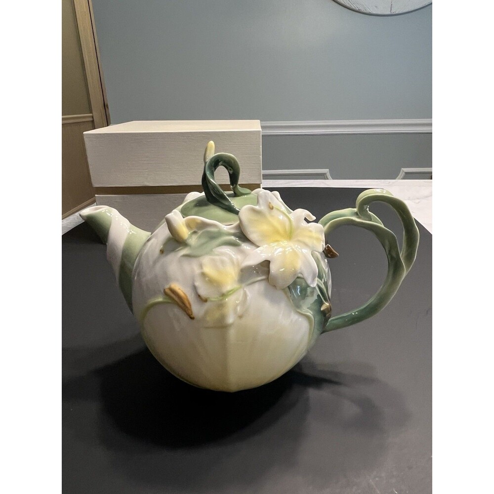 Pier 1 Imports Ginger Lily Teapot Floral Whimsical White Porcelain Hand Painted